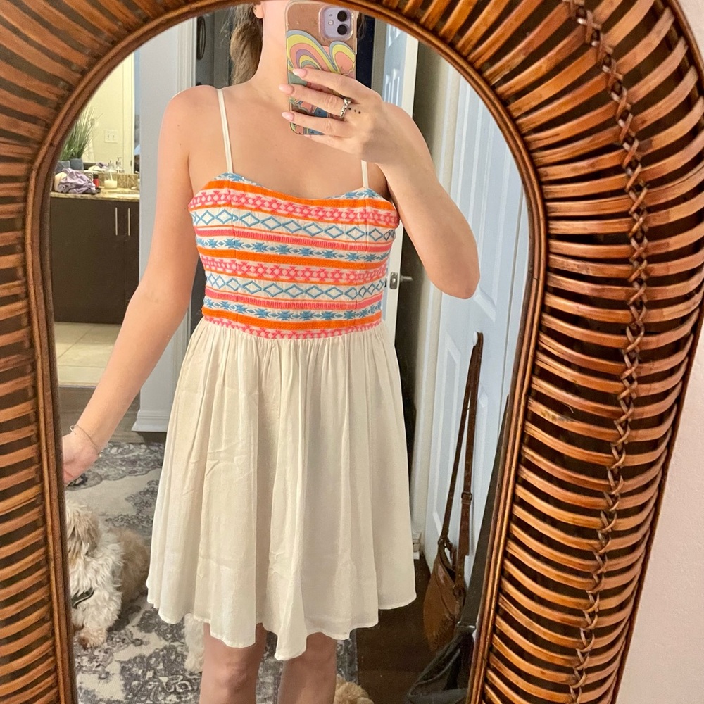 White flowy dress with Aztec print bodice